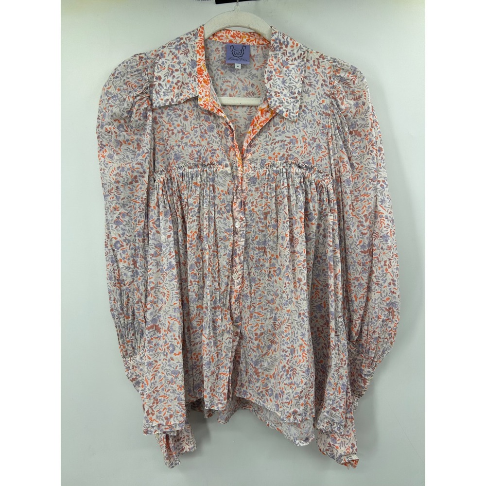 Thierry Colson Womens Orange Purple Floral Cotton Puff Sleeve Babydoll Blouse M
